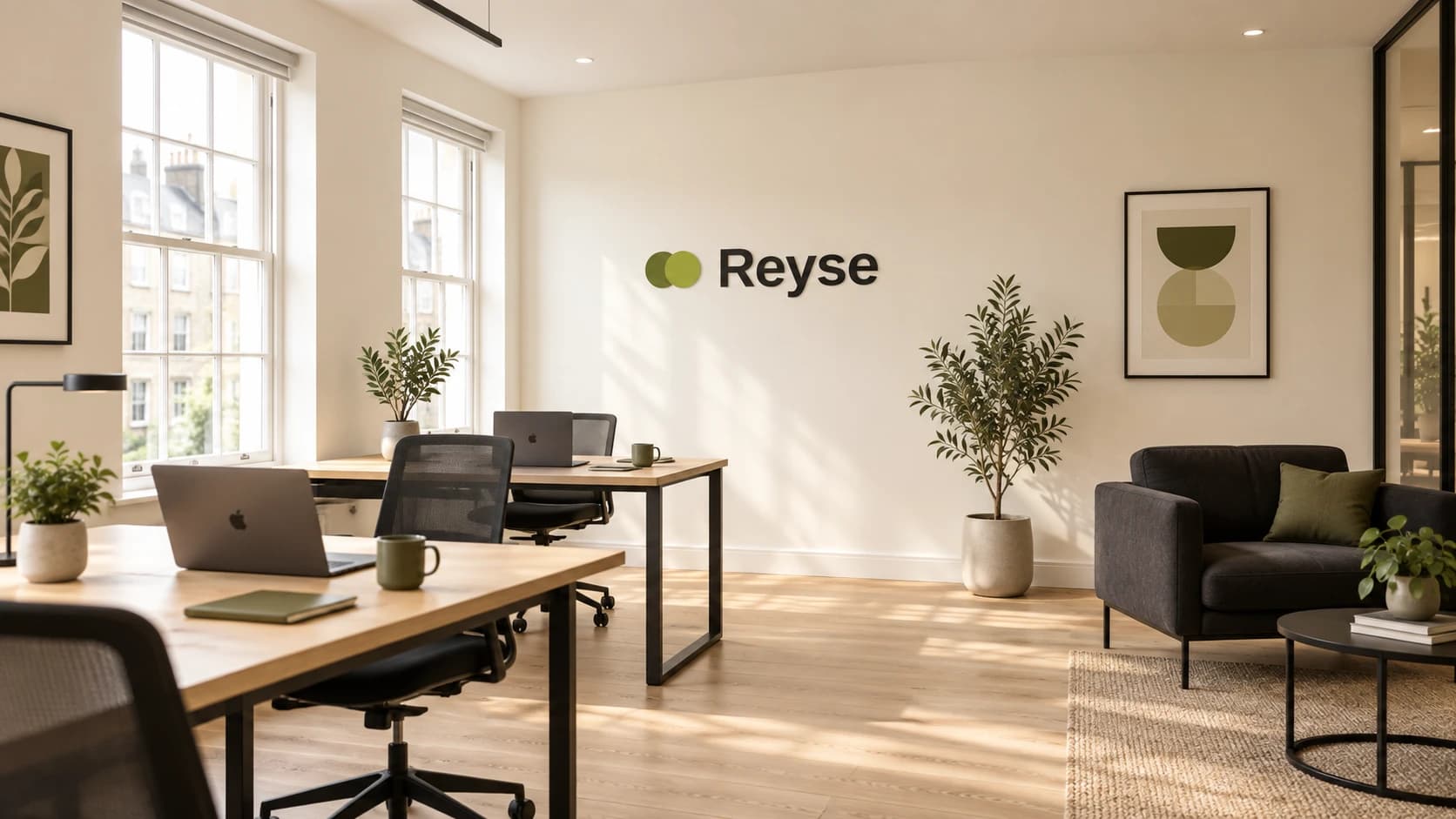 A bright, modern workspace with the Reyse logo on the wall