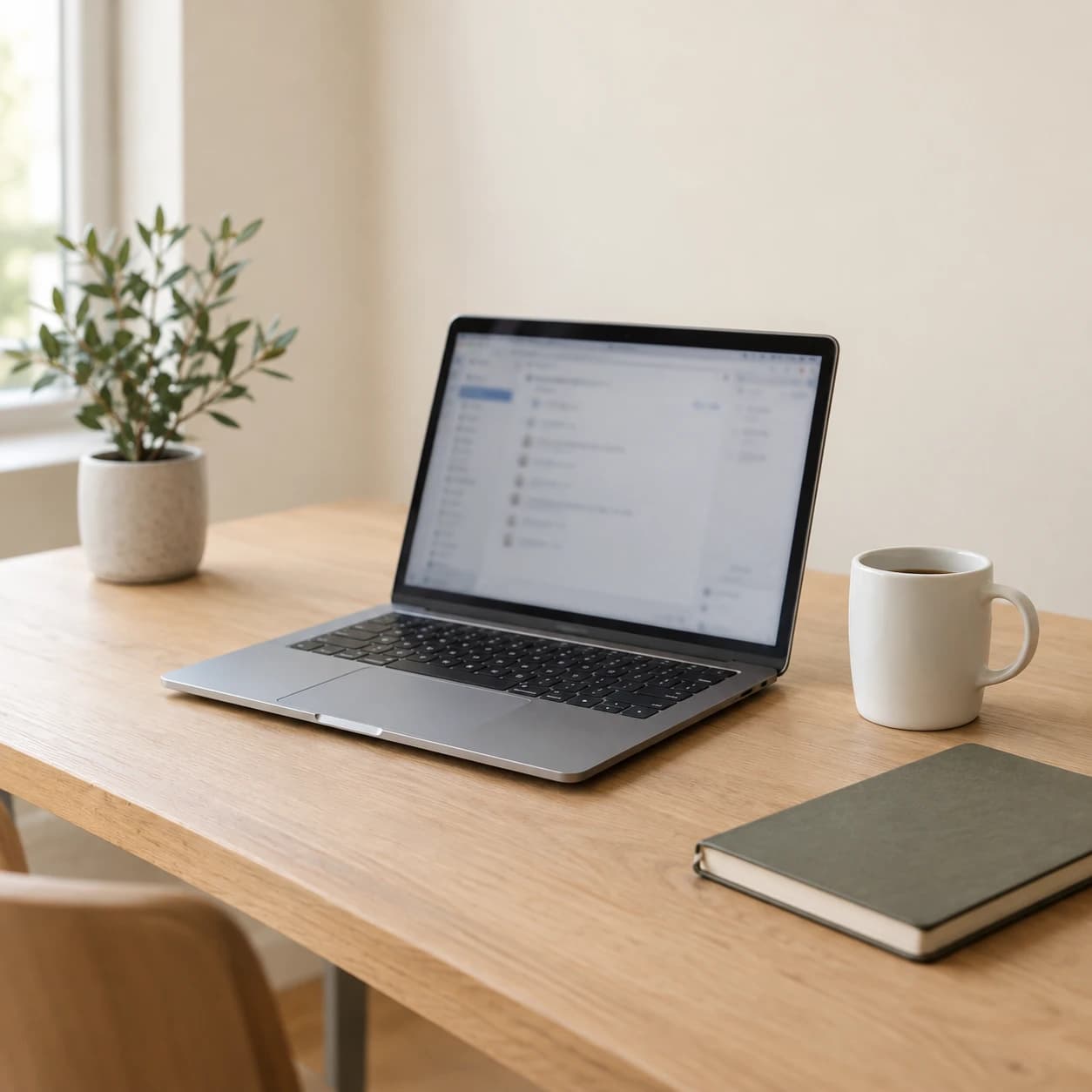 A minimal home-office desk with a laptop, coffee, and a notebook — Reyse today